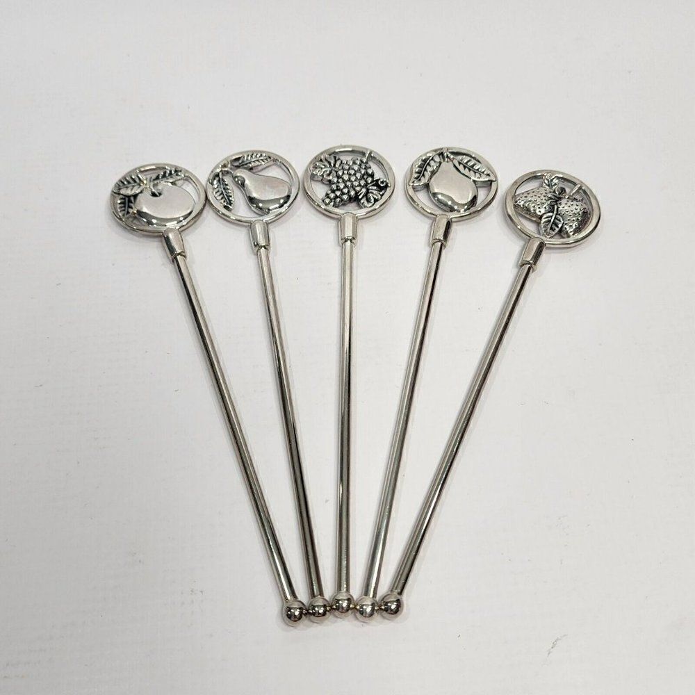 5pc Godinger 7" Silverplate Vintage Drink Stirrers Swizzle Sticks Picks Fruit